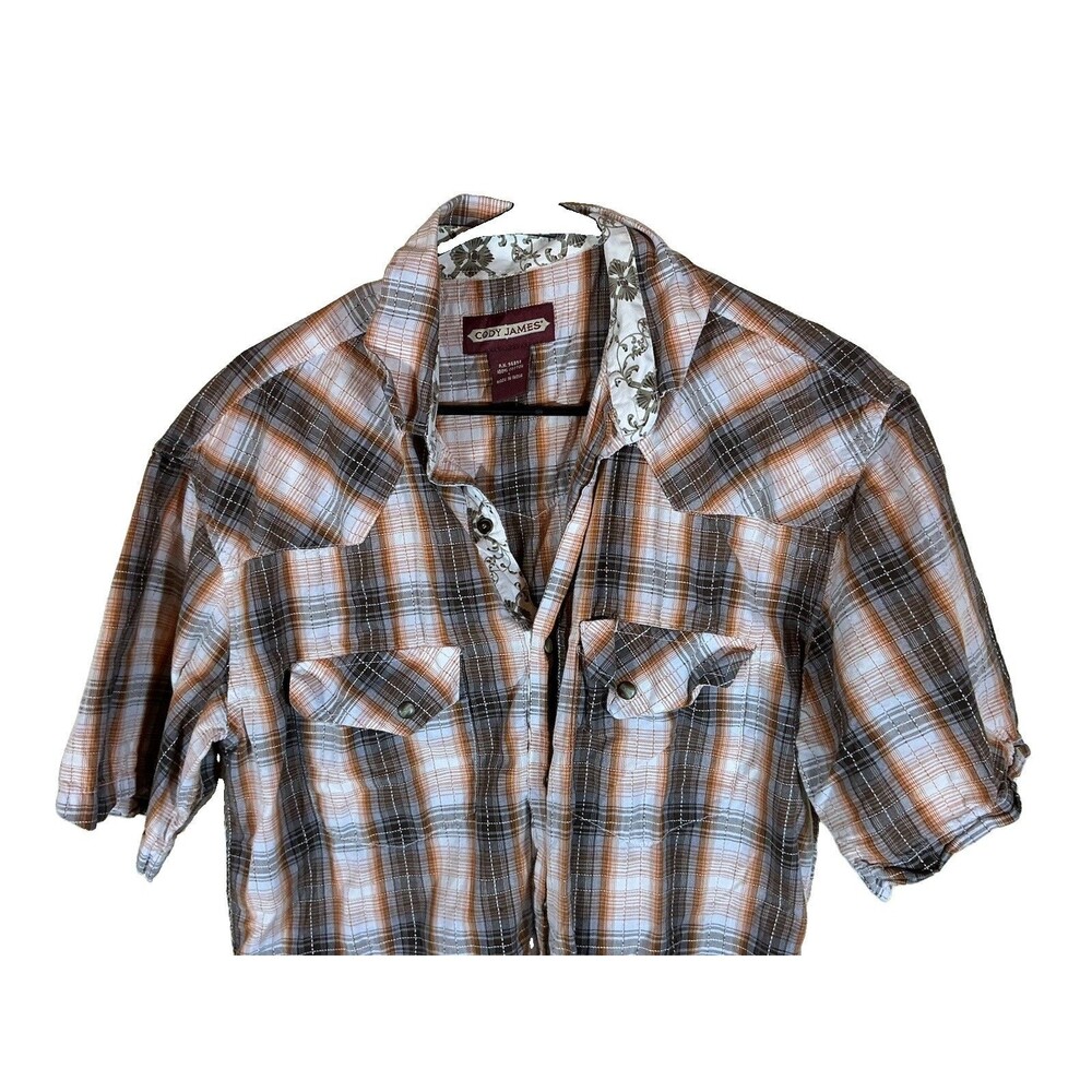 Cody James Mens Short Sleeve Plaid Button Up Shirt Pockets Cotton Brown Gray L